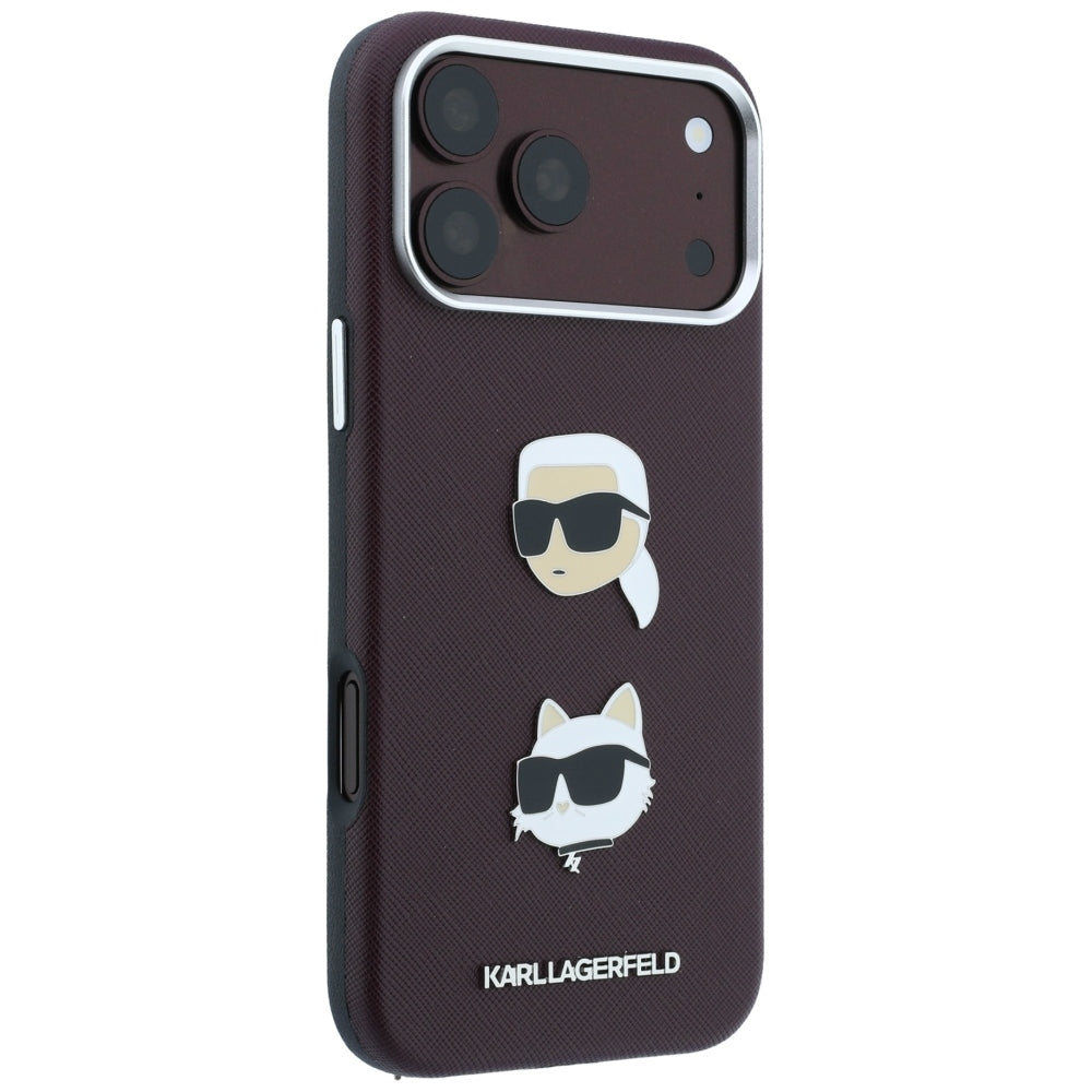 Fodral för Apple iPhone 18 Pro / 17 Pro, Karl Lagerfeld, Saffiano med Karl & Choupette-huvudnål och logotyp, Vinröd