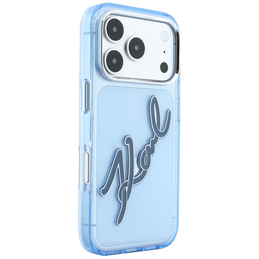 Fodral för Apple iPhone 18 Pro Max / 17 Pro Max, Karl Lagerfeld, IML Big Signature Resin Logo Metallram, Blå
