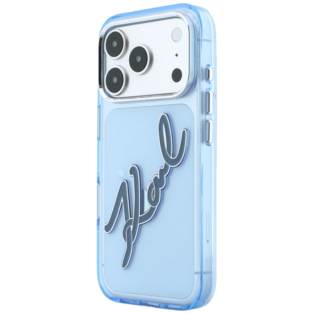 Fodral för Apple iPhone 18 Pro Max / 17 Pro Max, Karl Lagerfeld, IML Big Signature Resin Logo Metallram, Blå