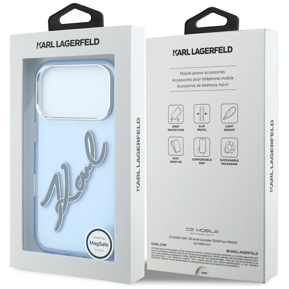 Fodral för Apple iPhone 18 Pro Max / 17 Pro Max, Karl Lagerfeld, IML Big Signature Resin Logo Metallram, Blå