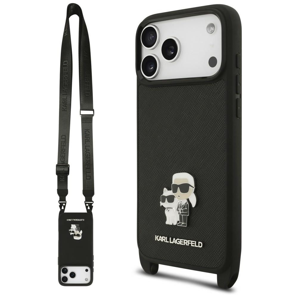 Fodral för Apple iPhone 18 Pro Max / 17 Pro Max, Karl Lagerfeld, Saffiano Crossbody Metal Pin Karl & Choupette, svart