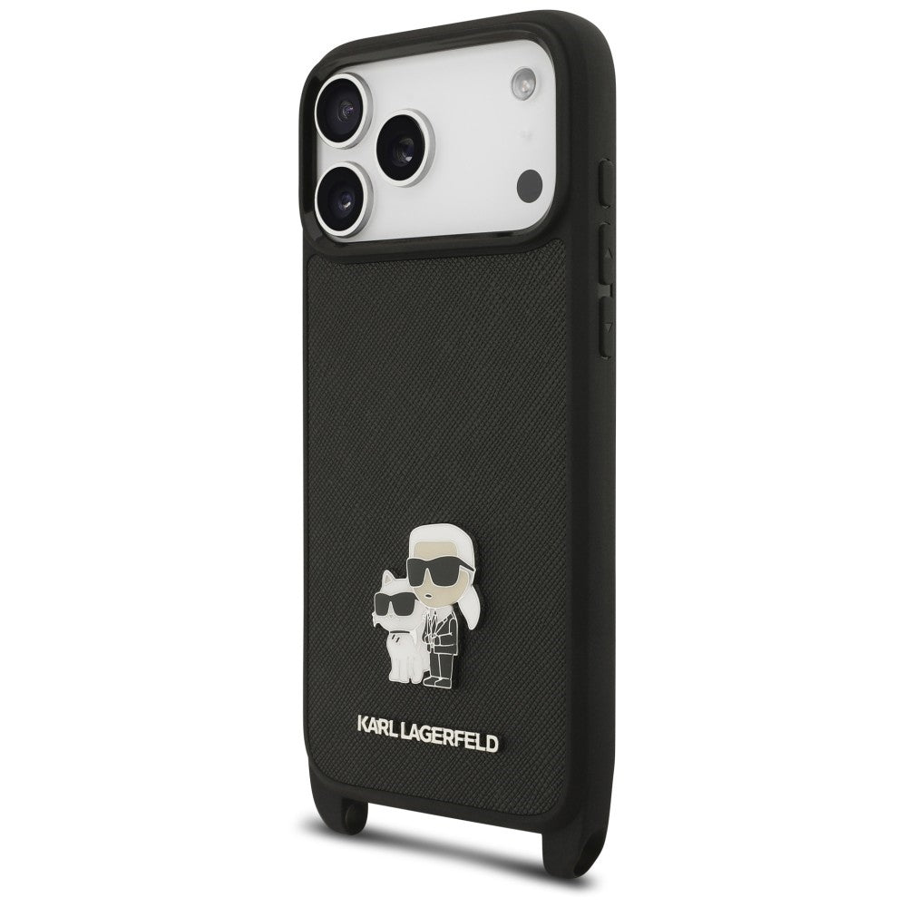 Fodral för Apple iPhone 18 Pro Max / 17 Pro Max, Karl Lagerfeld, Saffiano Crossbody Metal Pin Karl & Choupette, svart