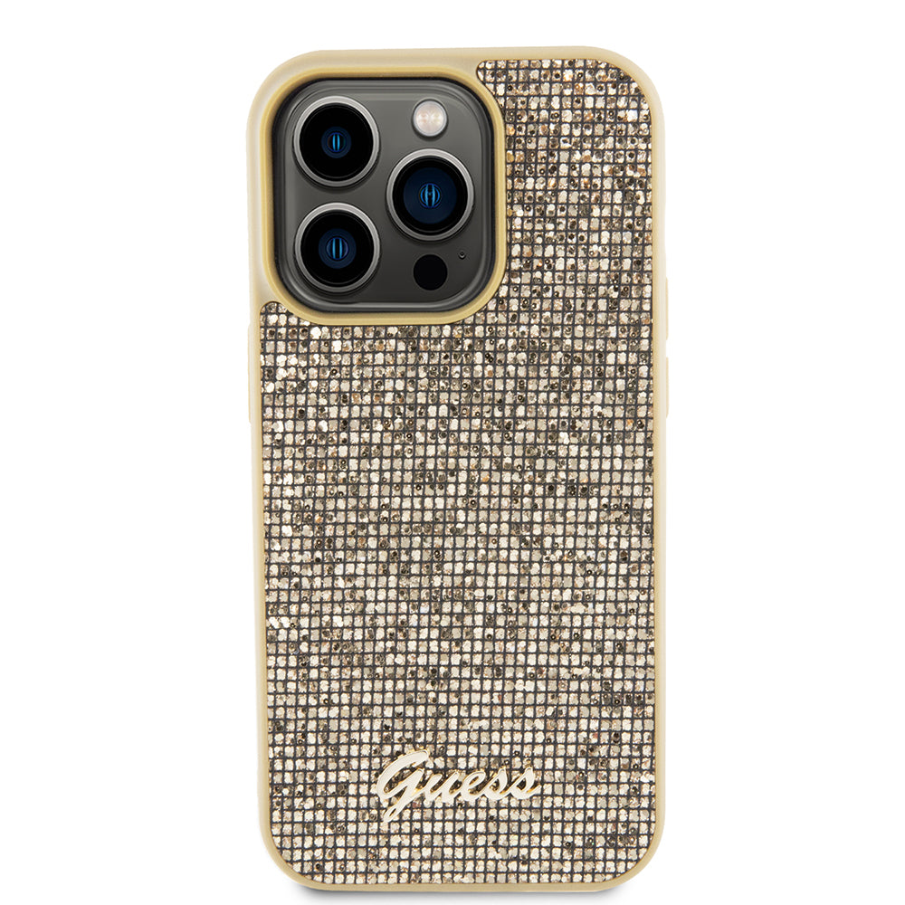 Fodral för Apple iPhone 15 Pro, Guess, PU Square Mirror Script Logo, Guld GUHCP15LPMSDGSD