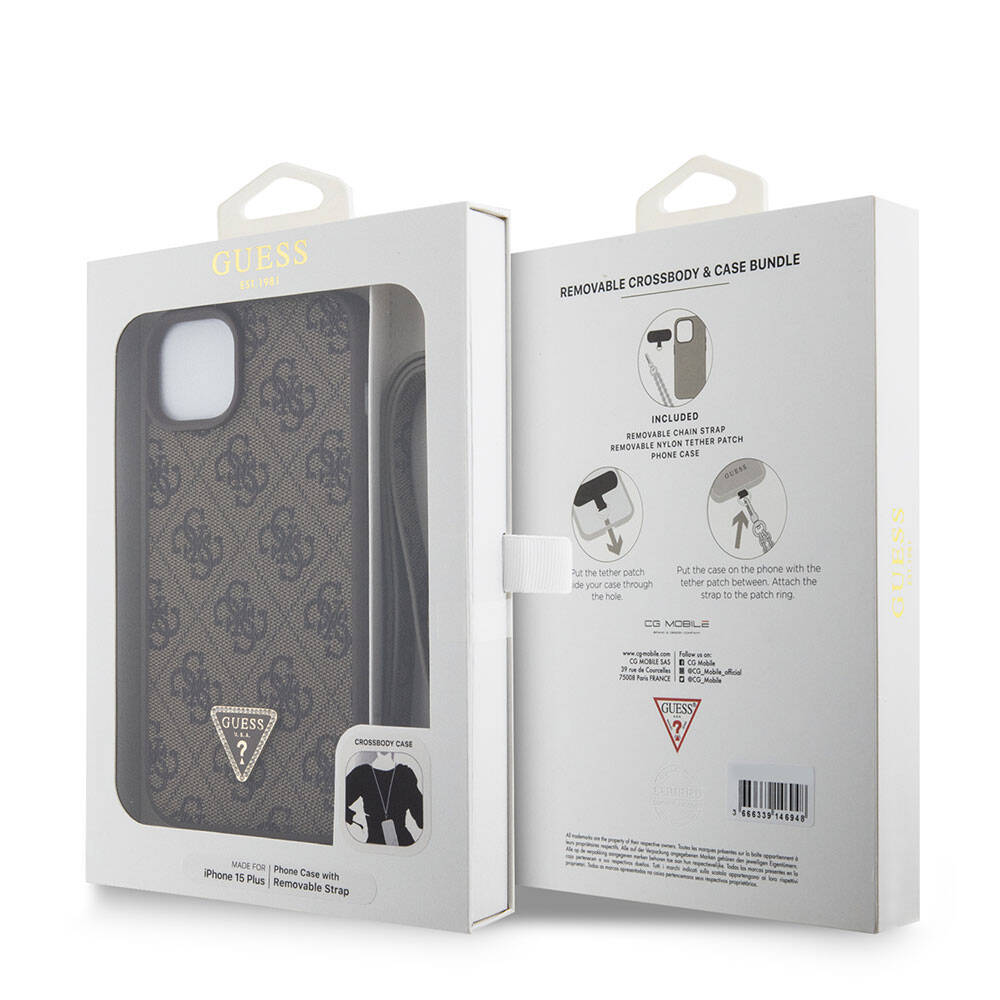 Fodral för Apple iPhone 15 Plus, Guess, Crossbody 4G Metal Logo, Brun, Återsigillad