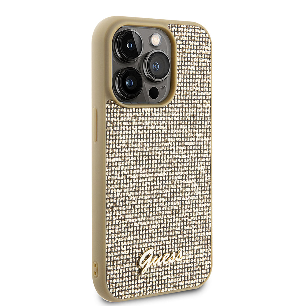 Fodral för Apple iPhone 15 Pro, Guess, PU Square Mirror Script Logo, Guld GUHCP15LPMSDGSD