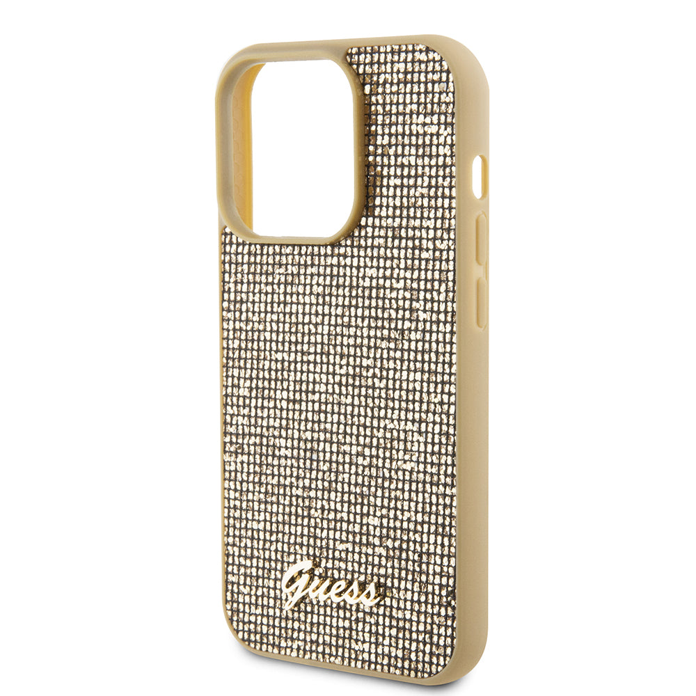 Fodral för Apple iPhone 15 Pro, Guess, PU Square Mirror Script Logo, Guld GUHCP15LPMSDGSD
