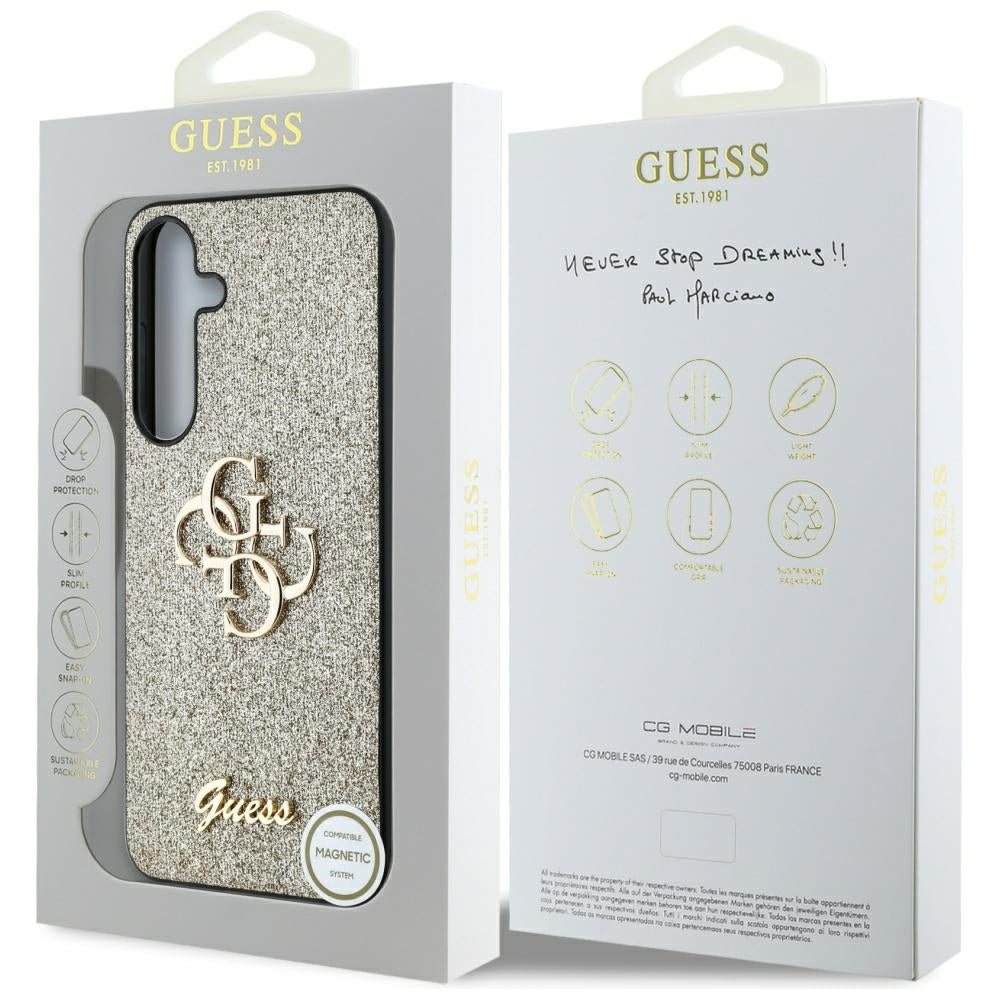 Fodral för Samsung Galaxy S25+ S936, Guess, Glitter Big 4G Script, Guld