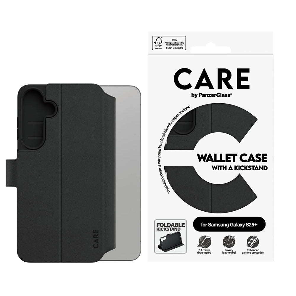 Fodral för Samsung Galaxy S25+ S936, PanzerGlass, Care Feature Kickstand Wallet, Svart