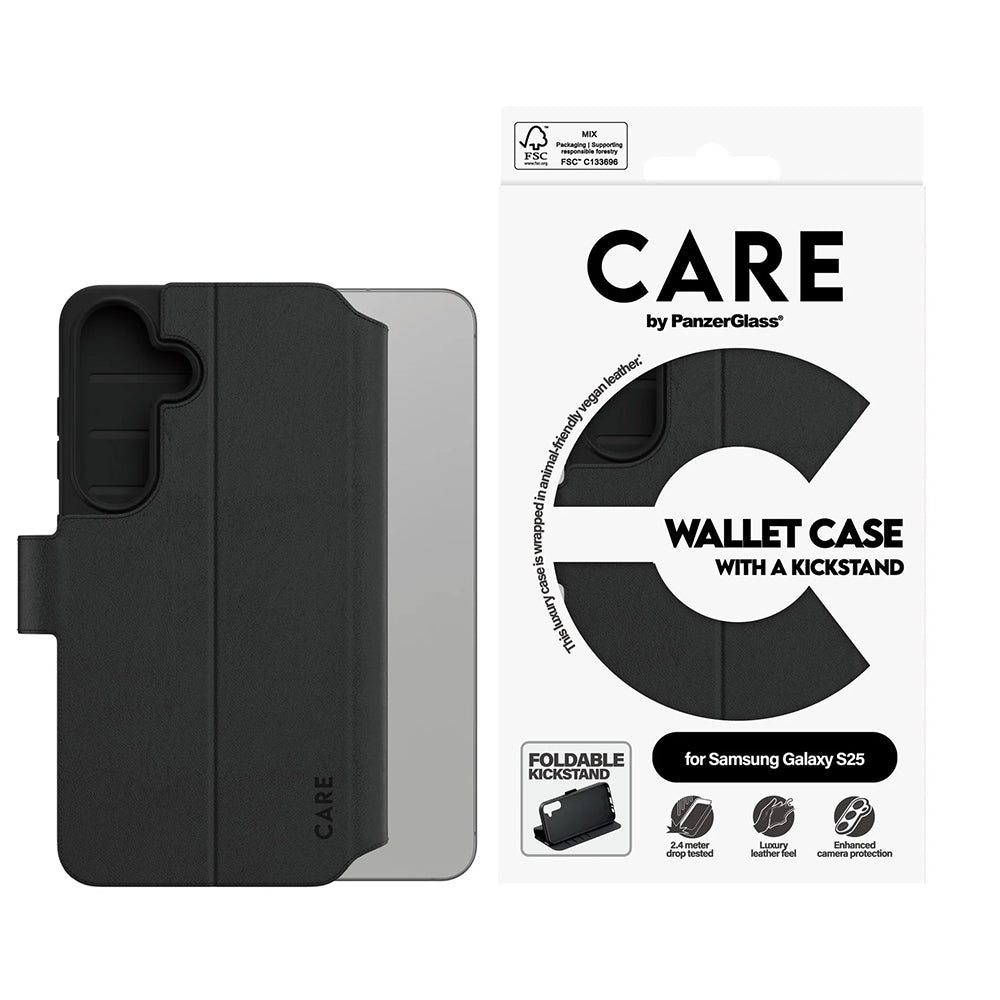 Fodral för Samsung Galaxy S25 S931, PanzerGlass, Care Feature Kickstand Wallet, Svart