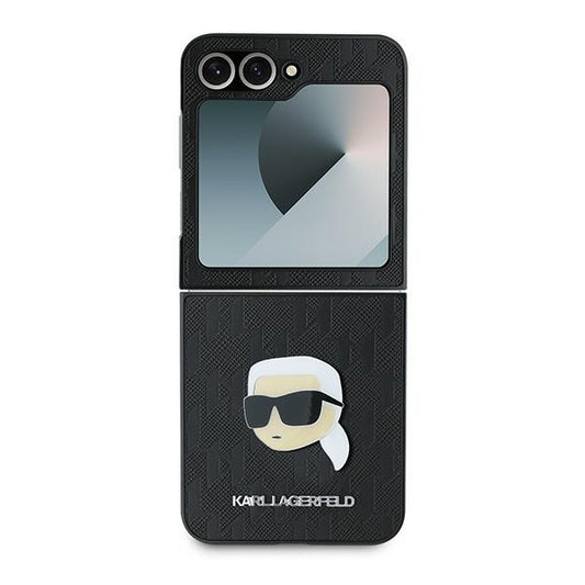 Fodral för Samsung Galaxy Z Flip7 FE F761 / Z Flip6 F741, Karl Lagerfeld, Saffiano Monogram Karl's Head Metal, Svart