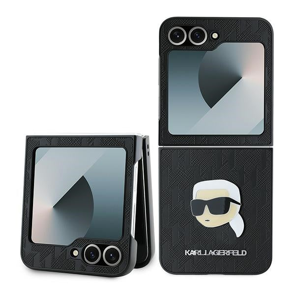 Fodral för Samsung Galaxy Z Flip7 FE F761 / Z Flip6 F741, Karl Lagerfeld, Saffiano Monogram Karl's Head Metal, Svart