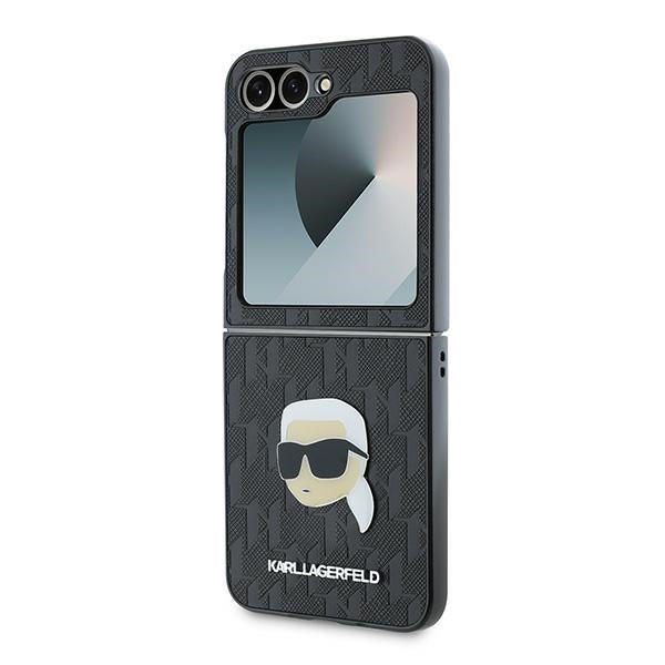 Fodral för Samsung Galaxy Z Flip7 FE F761 / Z Flip6 F741, Karl Lagerfeld, Saffiano Monogram Karl's Head Metal, Svart