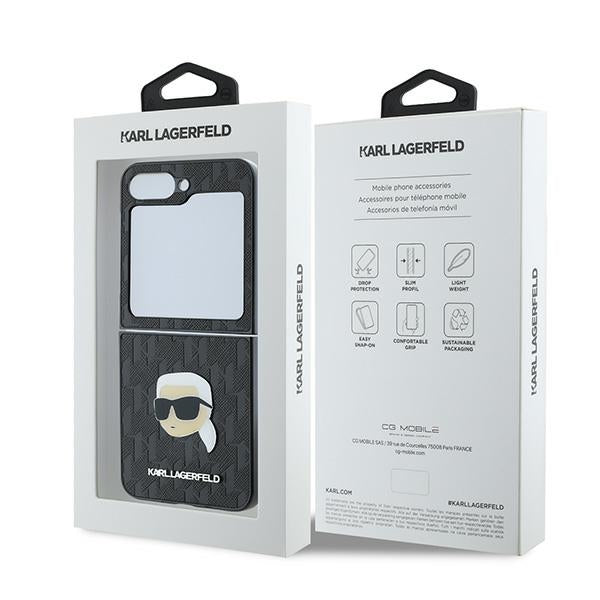 Fodral för Samsung Galaxy Z Flip7 FE F761 / Z Flip6 F741, Karl Lagerfeld, Saffiano Monogram Karl's Head Metal, Svart