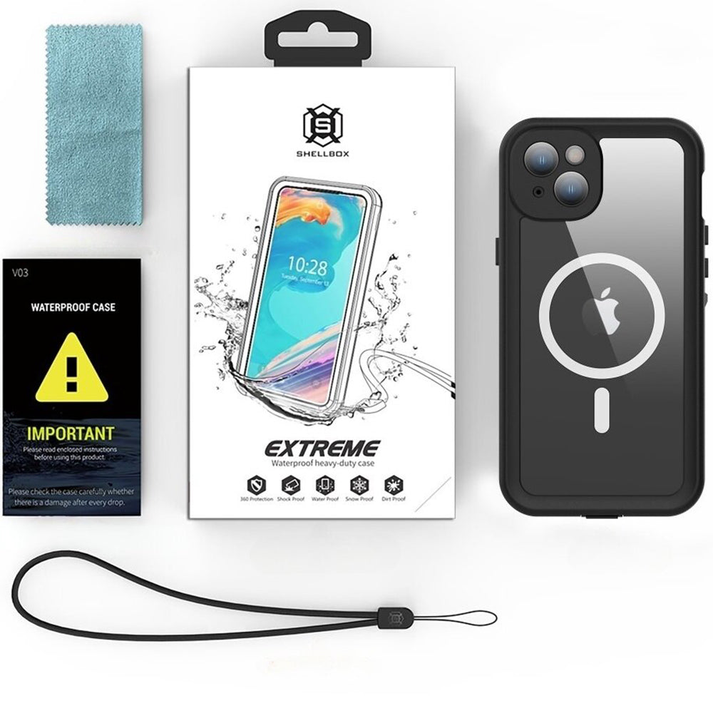 Vattentät MagSafe-fodral för Apple iPhone 15 Plus, ShellBox, Svart