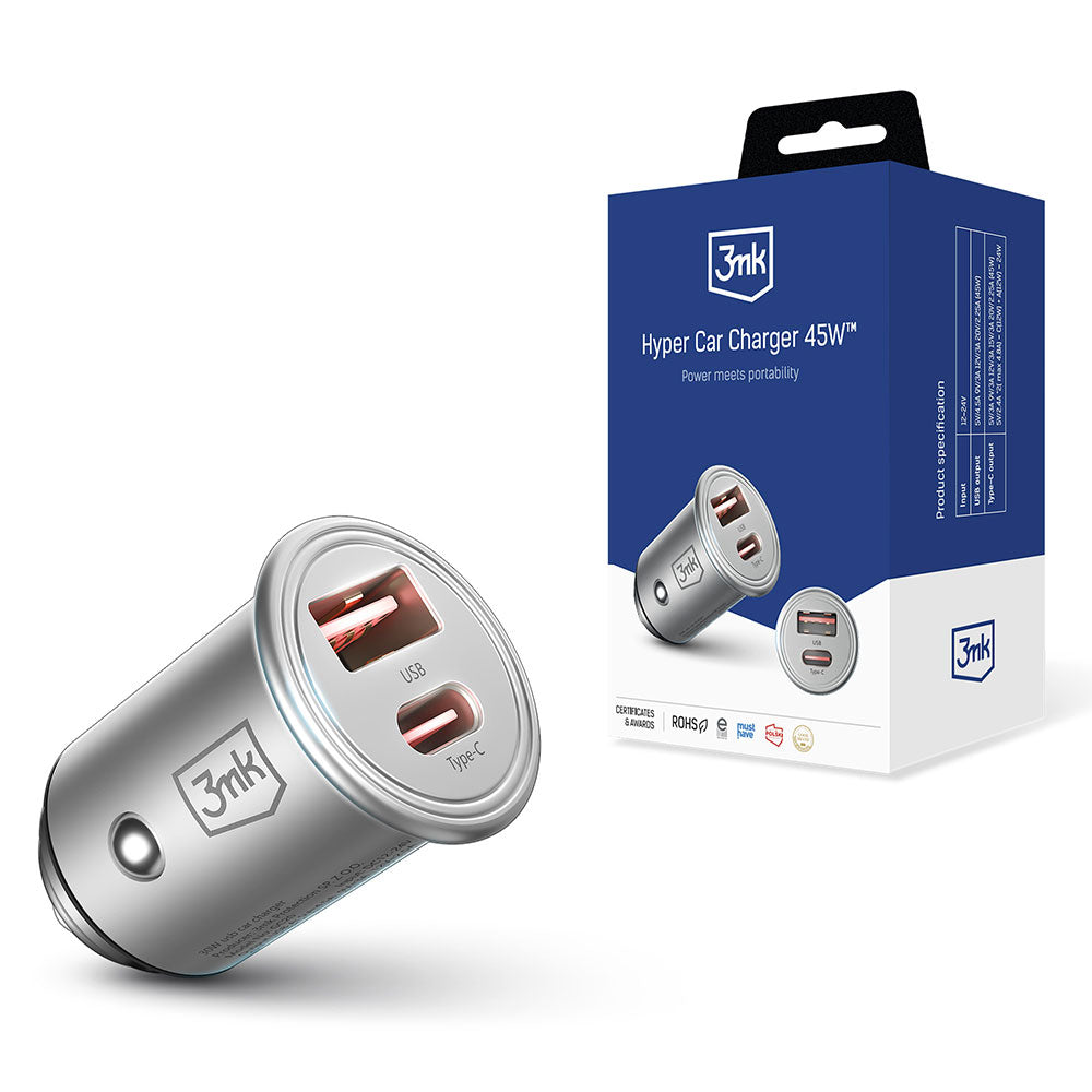 Billaddare 3MK Hyper, 45W, 3A, 1 x USB-A - 1 x USB-C, Silver