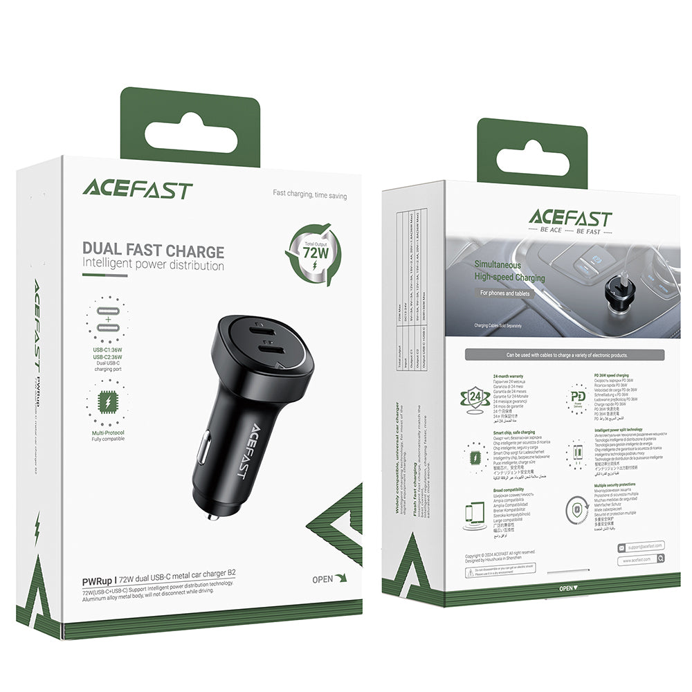 Bil laddare Acefast B2, 72W, 3A, 2 x USB-C, Svart
