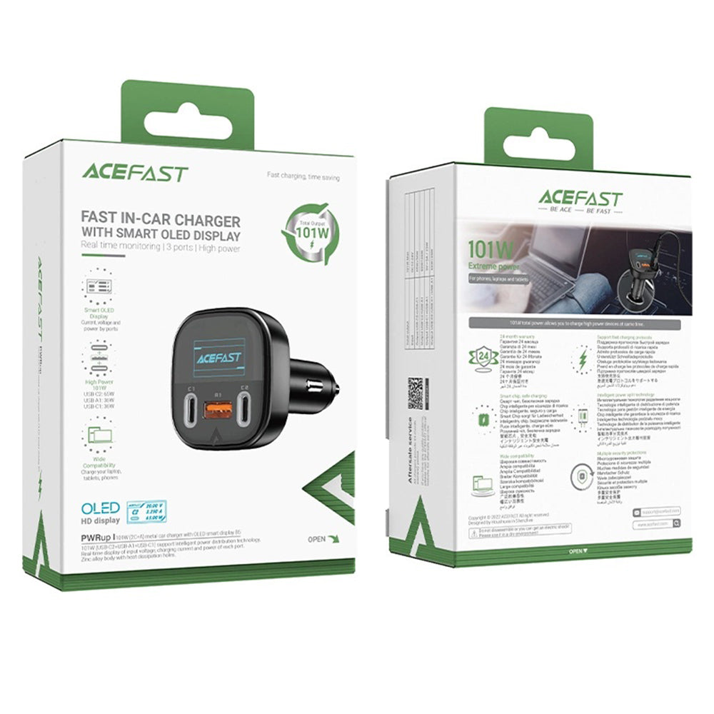Bil laddare Acefast B5 Display, 101W, 5A, 1 x USB-A - 2 x USB-C, Svart