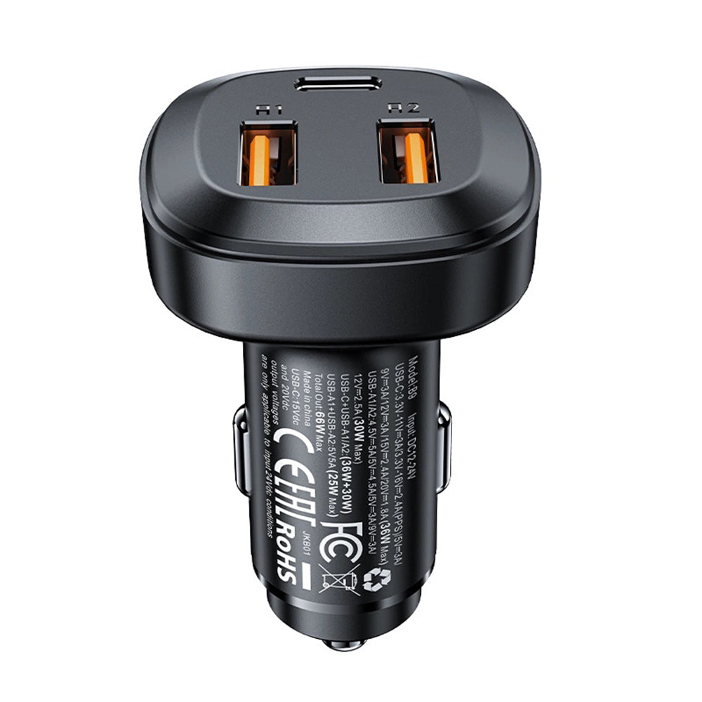 Bil laddare Acefast B9, 66W, 5A, 2 x USB-A - 1 x USB-C, Svart