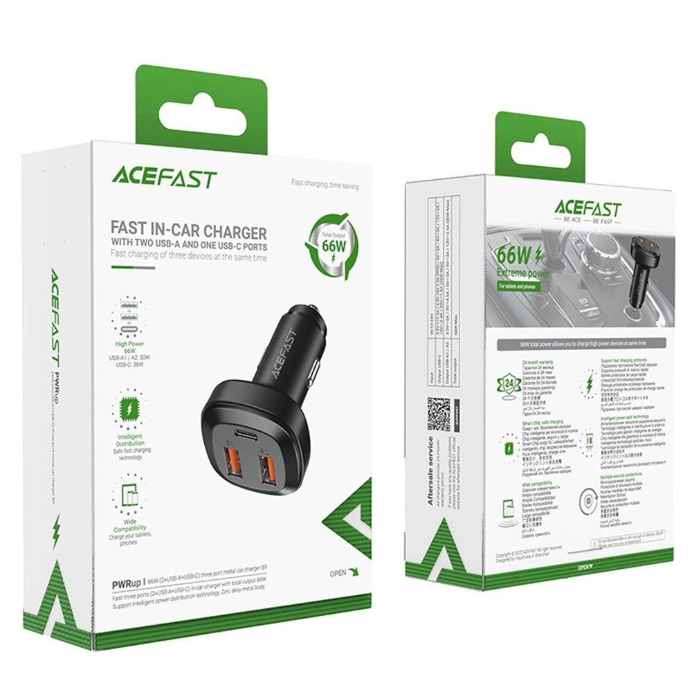 Bil laddare Acefast B9, 66W, 5A, 2 x USB-A - 1 x USB-C, Svart