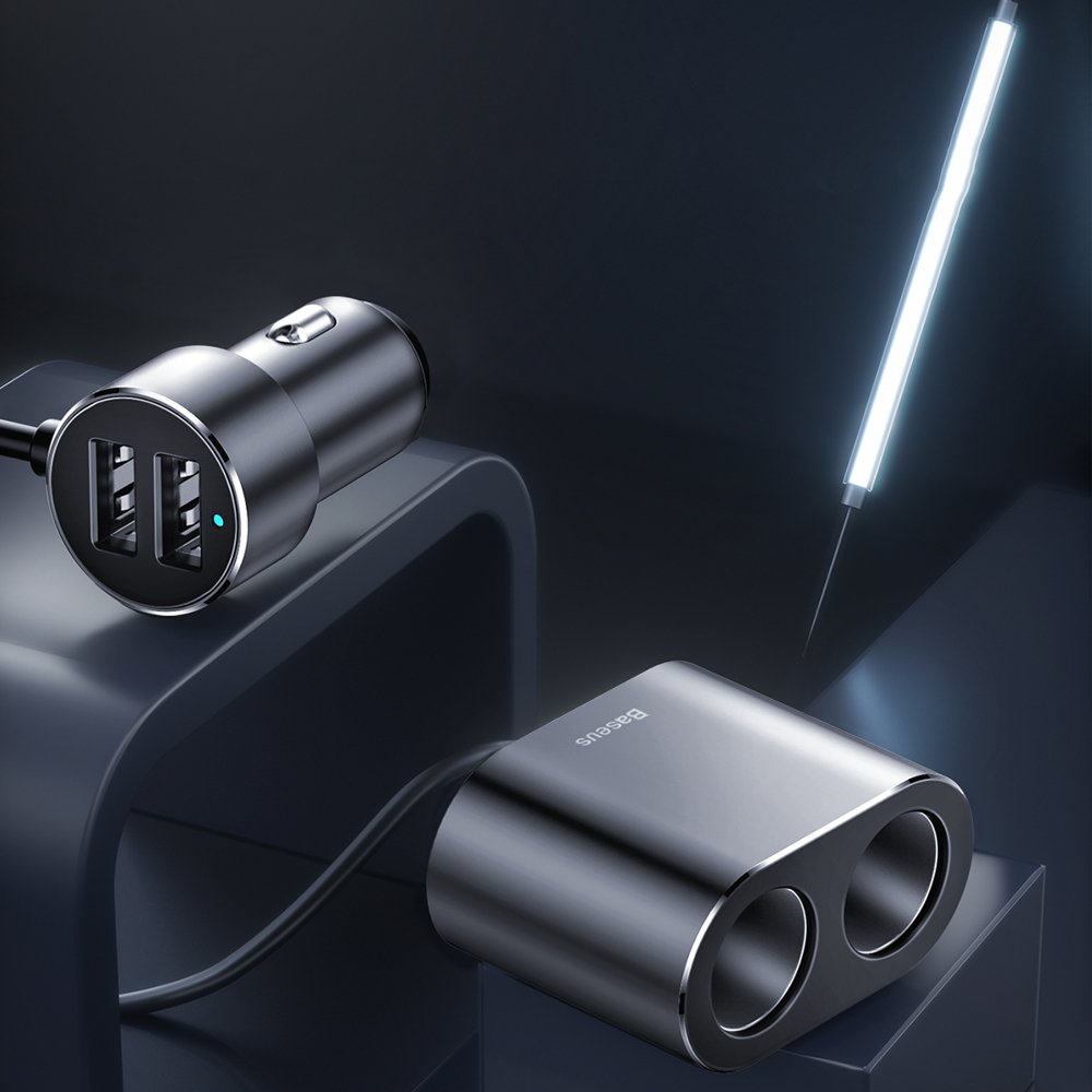 Baseus högeffektiv billaddare, 95W, 2,1A, 2 x cigarettändarförlängning - 2 x USB-A, grå CRDYQ-01 CRDYQ-01