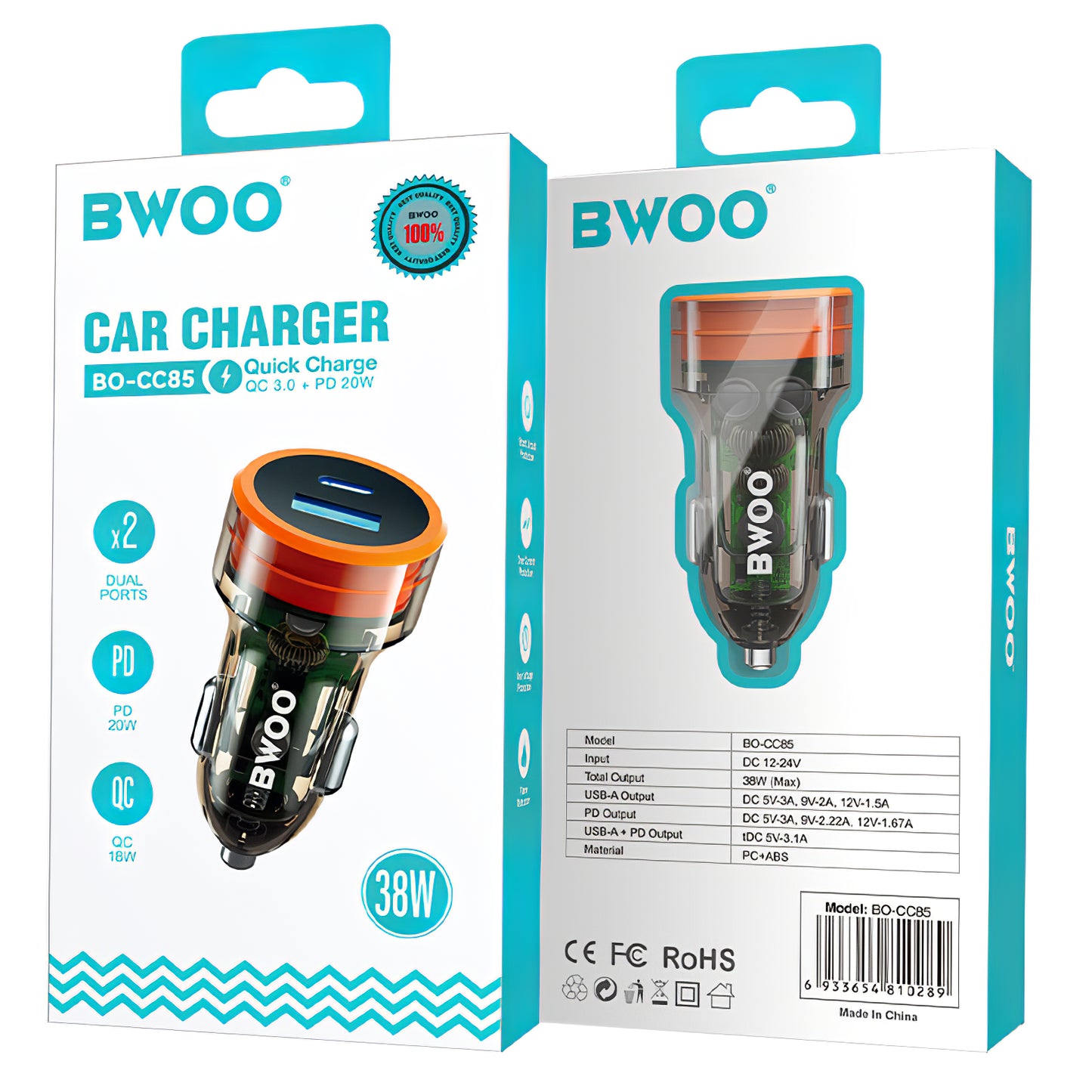 Billaddare BWOO BO-CC85, 38W, 3A, 1 x USB-A - 1 x USB-C, Svart