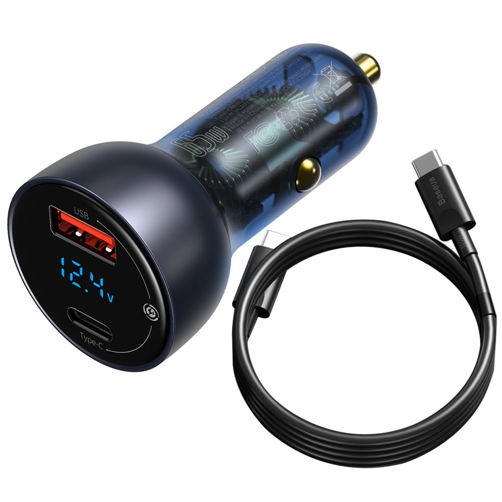 Bil-laddare med USB-C-kabel Baseus Digital Display, 65W, 5A, 1 x USB-A - 1 x USB-C, Svart TZCCKX-0G