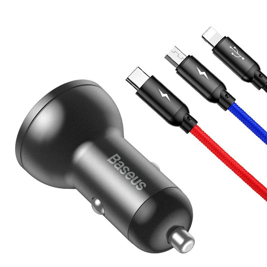 Billaddare med Lightning - microUSB - USB-C-kabel Baseus Digital Display, 24W, 2,4A, 2 x USB-A, Grå TZCCBX-0G