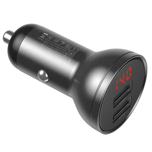 Billaddare med Lightning - microUSB - USB-C-kabel Baseus Digital Display, 24W, 2,4A, 2 x USB-A, Grå TZCCBX-0G