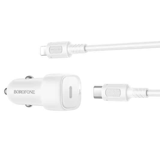Bil laddare med Lightning-kabel Borofone BZ34A Cloud, 20W, 3A, 1 x USB-A - 1 x USB-C, Vit