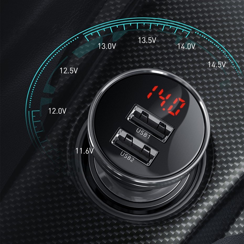 Billaddare med Lightning - microUSB - USB-C-kabel Baseus Digital Display, 24W, 2,4A, 2 x USB-A, Grå TZCCBX-0G