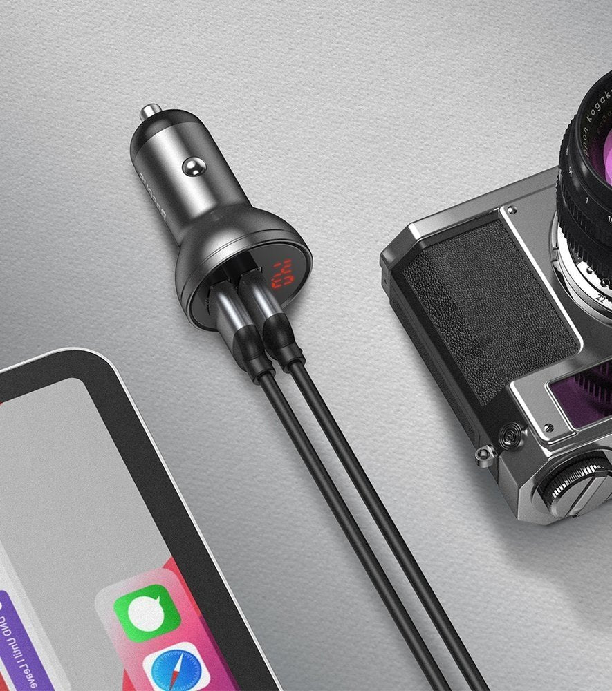 Billaddare med Lightning - microUSB - USB-C-kabel Baseus Digital Display, 24W, 2,4A, 2 x USB-A, Grå TZCCBX-0G