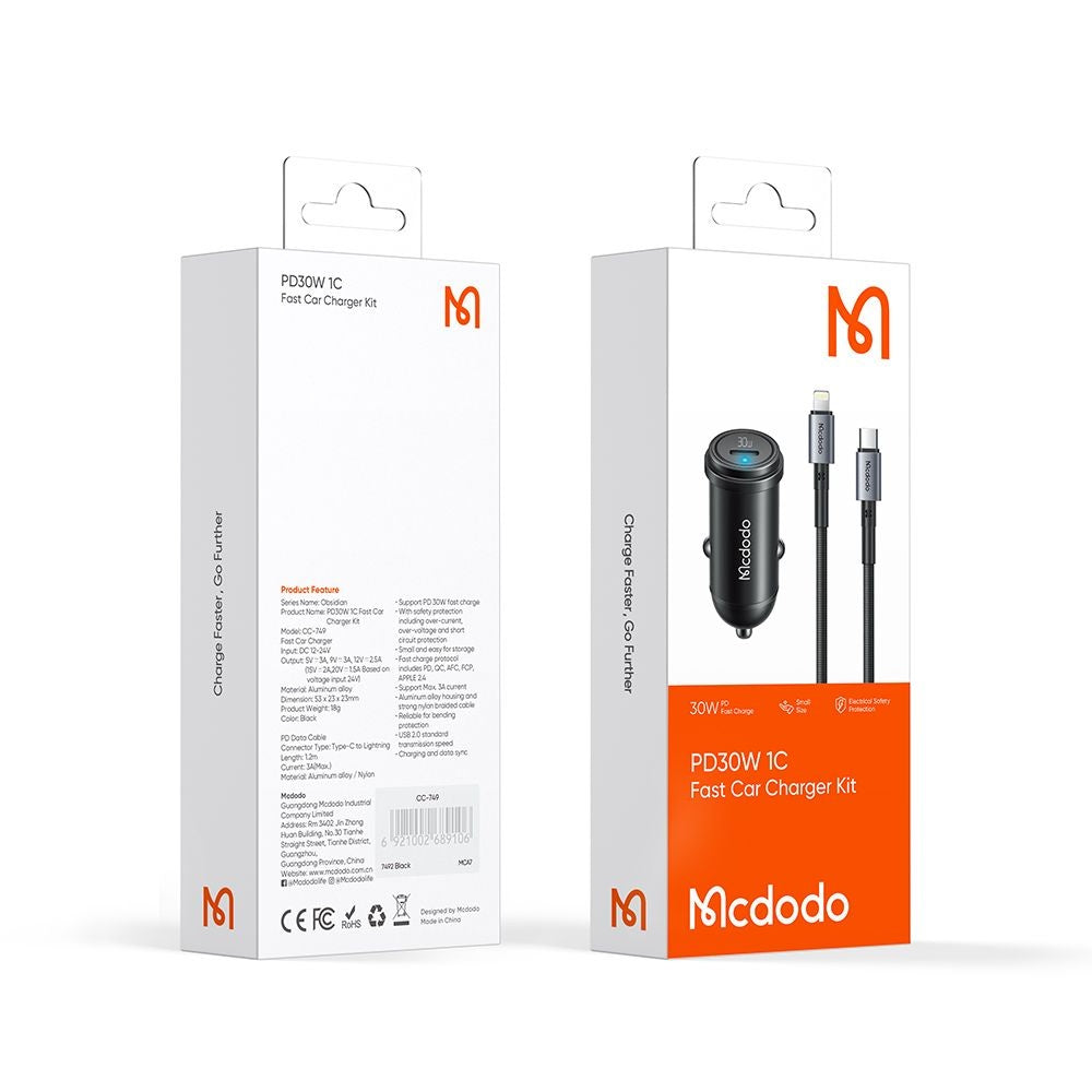 Bil laddare med Lightning-kabel McDodo CC-7492 Obsidian, 30W, 3A, 1 x USB-C, Svart