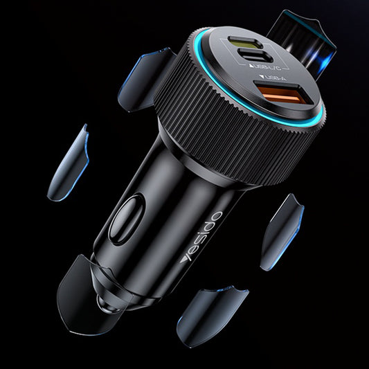 Bil laddare med Lightning-kabel Yesido Y60, 38W, 3A, 1 x USB-A - 2 x USB-C, Svart