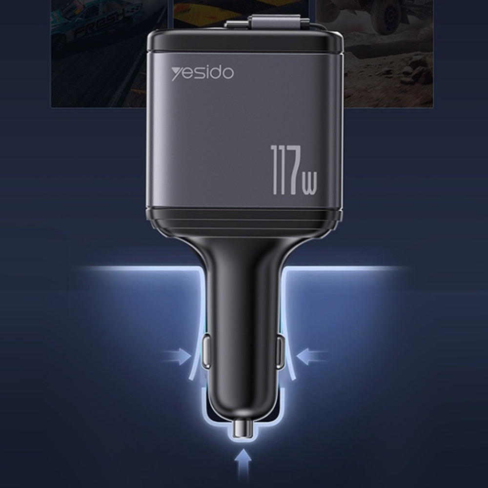 Bil laddare med USB-C / Lightning-kabel Yesido Y63 Display, 117W, 3A, 1 x USB-A - 1 x USB-C, Grå