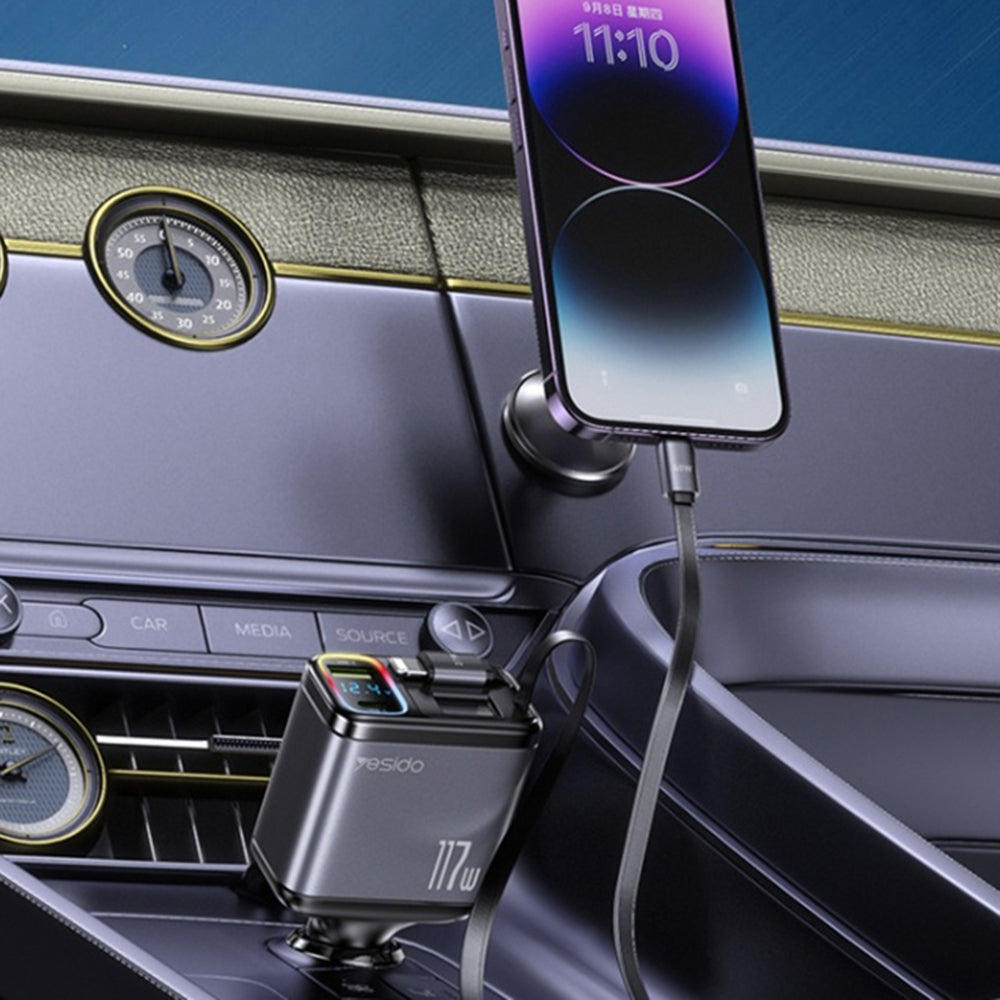 Bil laddare med USB-C / Lightning-kabel Yesido Y63 Display, 117W, 3A, 1 x USB-A - 1 x USB-C, Grå