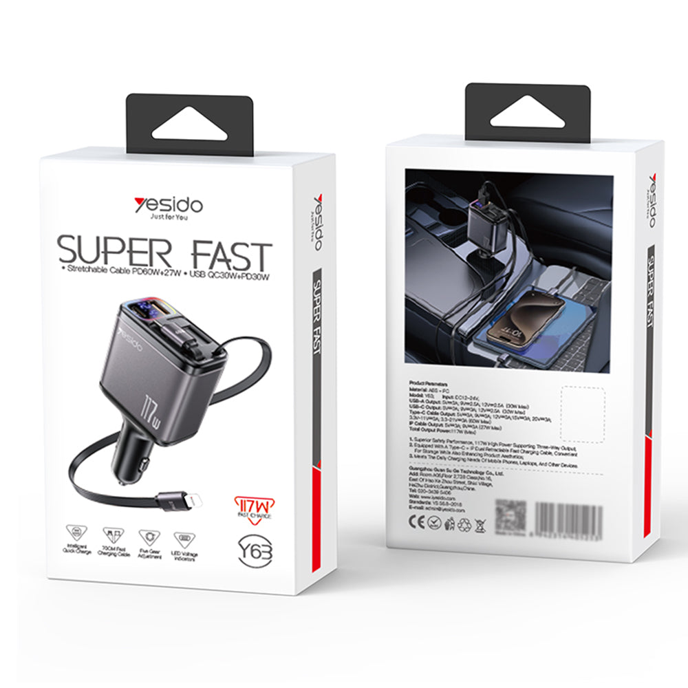 Bil laddare med USB-C / Lightning-kabel Yesido Y63 Display, 117W, 3A, 1 x USB-A - 1 x USB-C, Grå