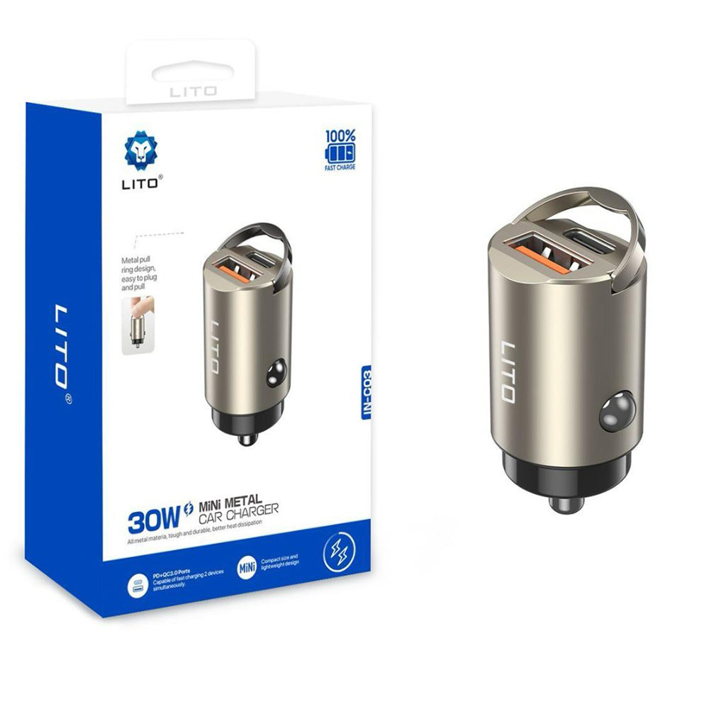 Bil laddare Lito IN-C03, 30W, 3A, 1 x USB-A - 1 x USB-C, Grå