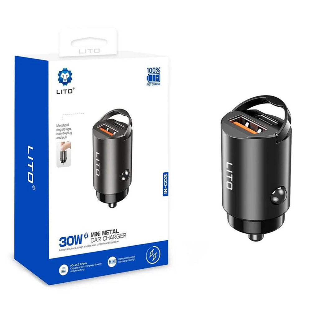 Bil laddare Lito IN-C03, 30W, 3A, 1 x USB-A - 1 x USB-C, Svart