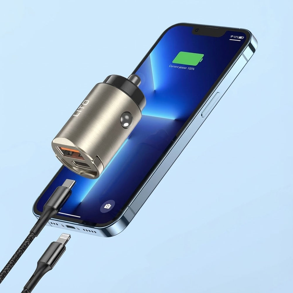 Bil laddare Lito IN-C03, 30W, 3A, 1 x USB-A - 1 x USB-C, Svart
