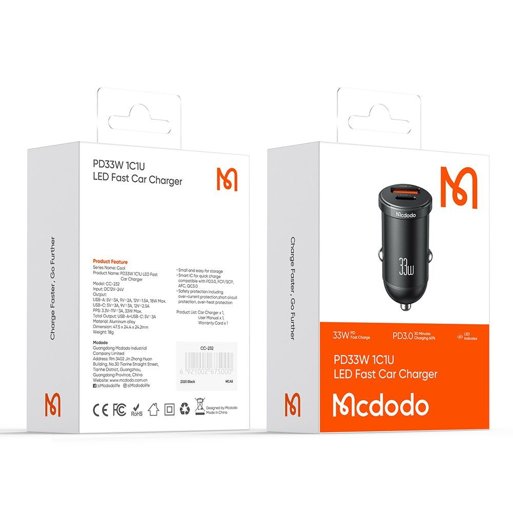 Bil laddare McDodo CC-2320 Cool, 33W, 3A, 1 x USB-A - 1 x USB-C, Svart