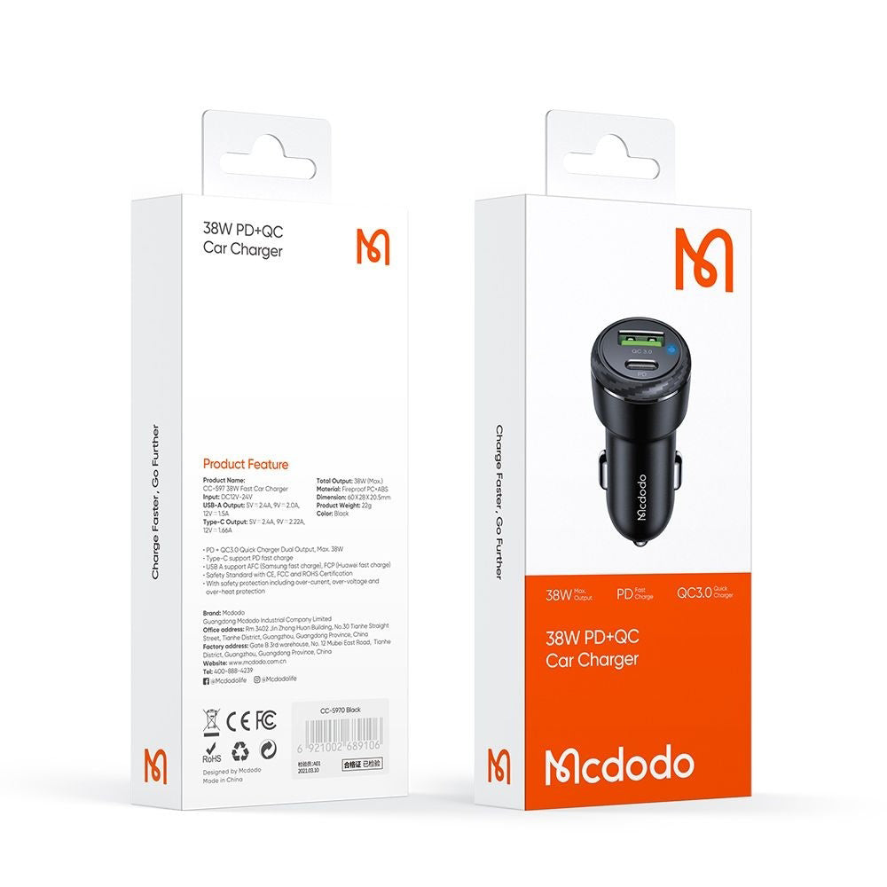 Bil laddare McDodo CC-5970, 38W, 3A, 1 x USB-A - 1 x USB-C, Svart