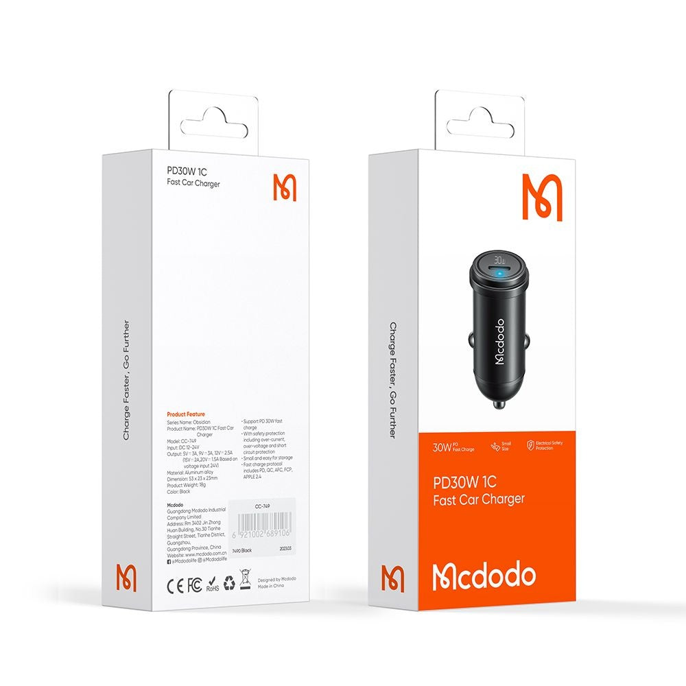 Bil laddare McDodo CC-7491 Obsidian, 30W, 3A, 1 x USB-C, Svart
