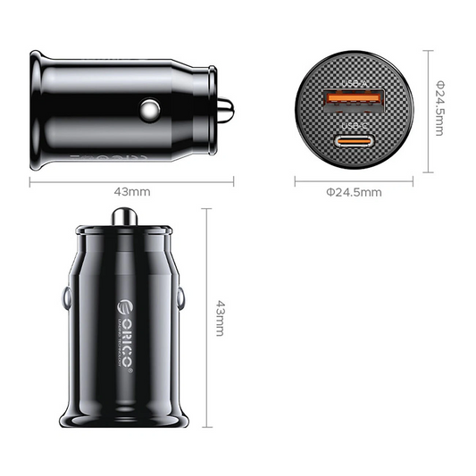 Orico PowerMini Billaddare, 30W, 3A, 1 x USB-A - 1 x USB-C, Svart