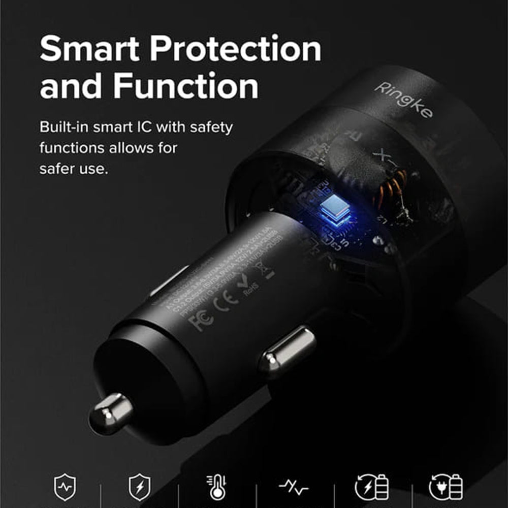 Bil laddare Ringke, 30W, 3A, 1 x USB-A - 2 x USB-C, Svart