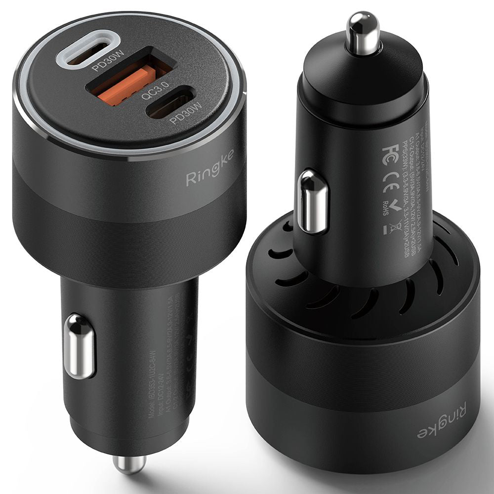 Bil laddare Ringke, 30W, 3A, 1 x USB-A - 2 x USB-C, Svart