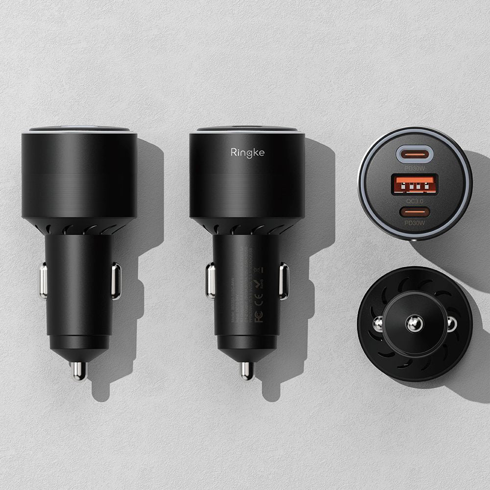 Bil laddare Ringke, 30W, 3A, 1 x USB-A - 2 x USB-C, Svart