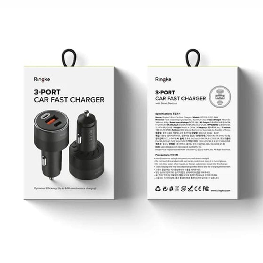 Bil laddare Ringke, 30W, 3A, 1 x USB-A - 2 x USB-C, Svart