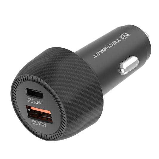 Bil laddare Techsuit C7 CarbonVolt, 48W, 3A, 1 x USB-A - 1 x USB-C, Svart