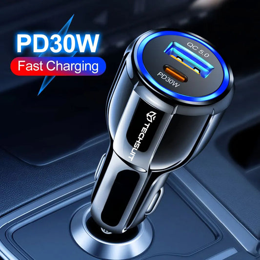 Bil laddare Techsuit TE-022 Premium, 60W, 3A, 1 x USB-A - 1 x USB-C, Svart