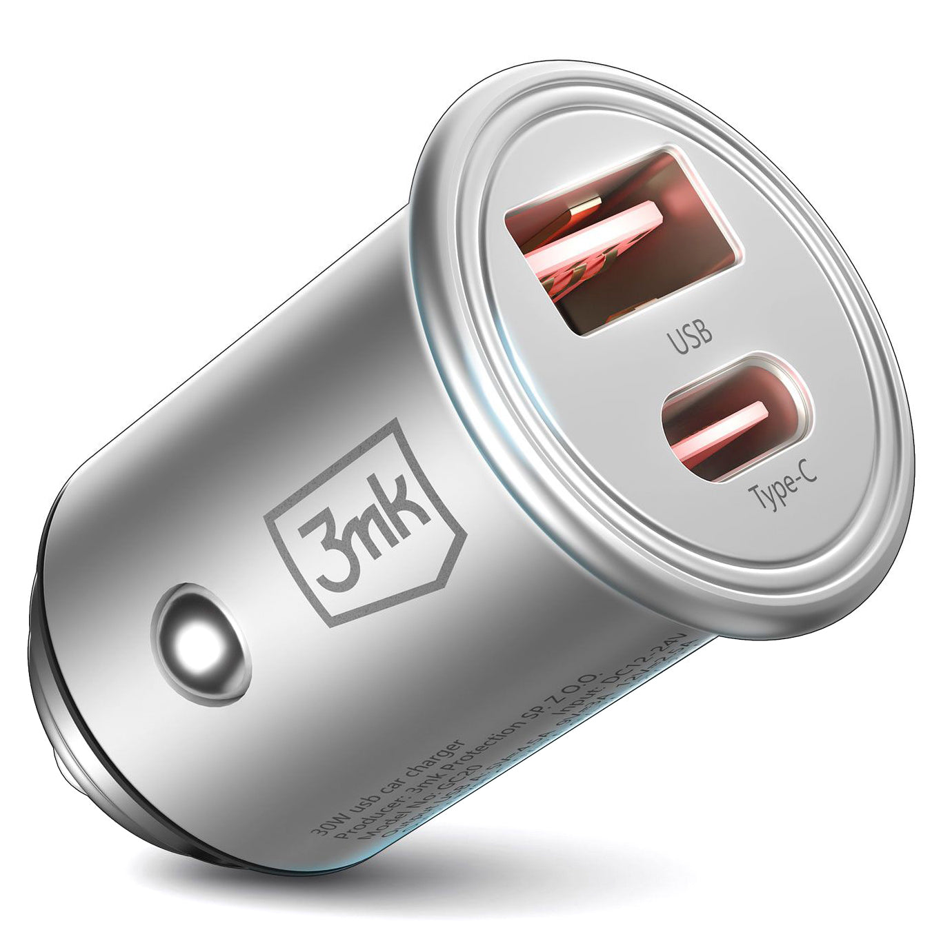 Billaddare 3MK HyperCharger, 30W, 5A, 1 x USB-A - 1 x USB-C, Silver